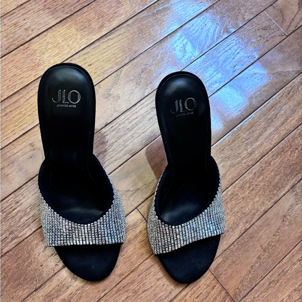 Jennifer Lopez Black Slide Mules with Silver Crystal Strap